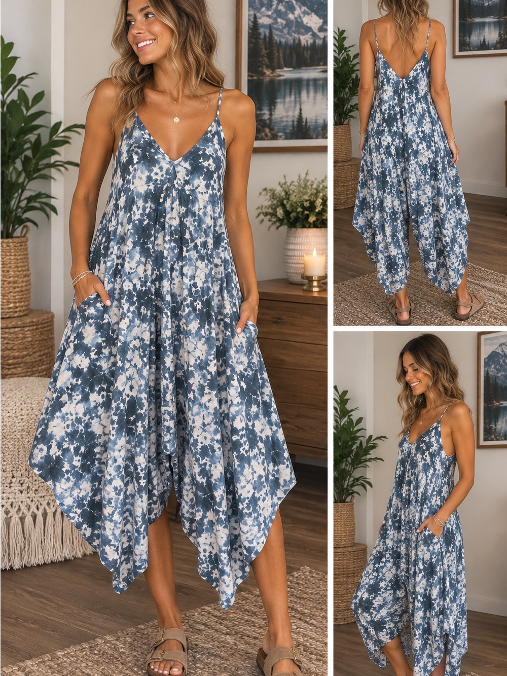 Jaase Blue & White Tie-Dye Flowy Jumpsuit – Size Small
